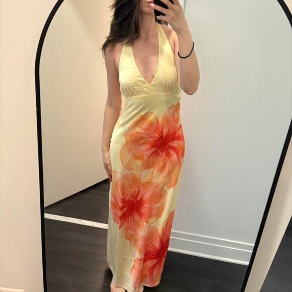 urban outfitters Stunning tropical Yellow maxi dress with orange floral print